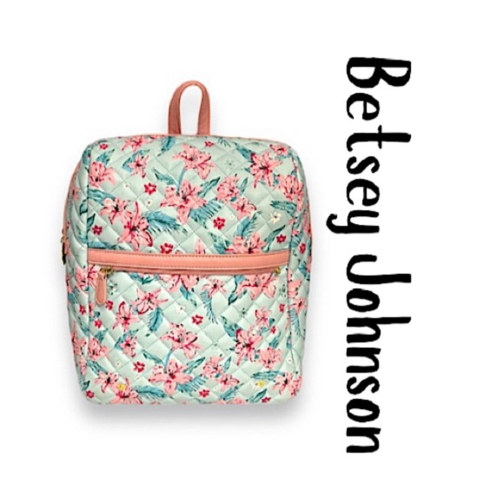 Betsey Johnson Floral Quilted Backpack Handbag Pink Blue Vegan Leather GUC!